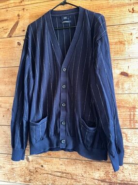 Lincs David Chu Navy Pinstripe V‑Neck Cardigan